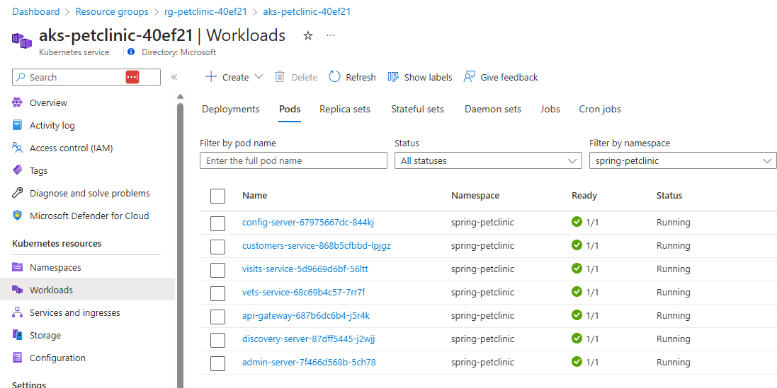 Azure portal | Java microservices on AKS